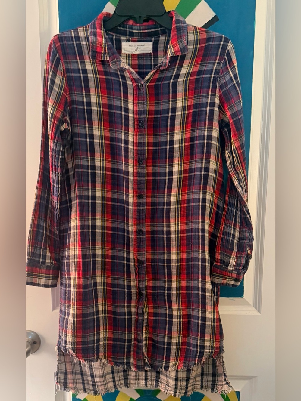 Miss Me Vintage-Red & Navy Plaid Button-Up Shirt-S